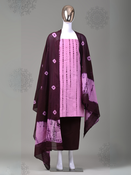 Shibori Tie & Dye Print Unstitched Cotton Suit with Mulmul Dupatta