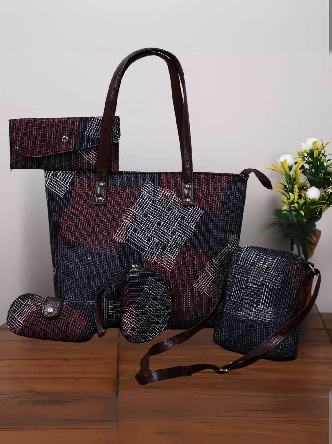 Graceful Handblock Cotton Kantha 5-Piece Handbag Combo Set