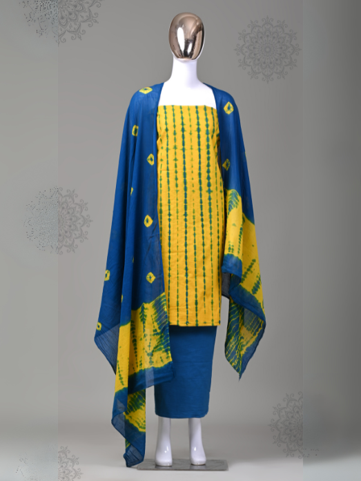 Yellow & Navy Blue Shibori Tie & Dye Handblock Unstitched Cotton Suit with Mulmul Dupatta