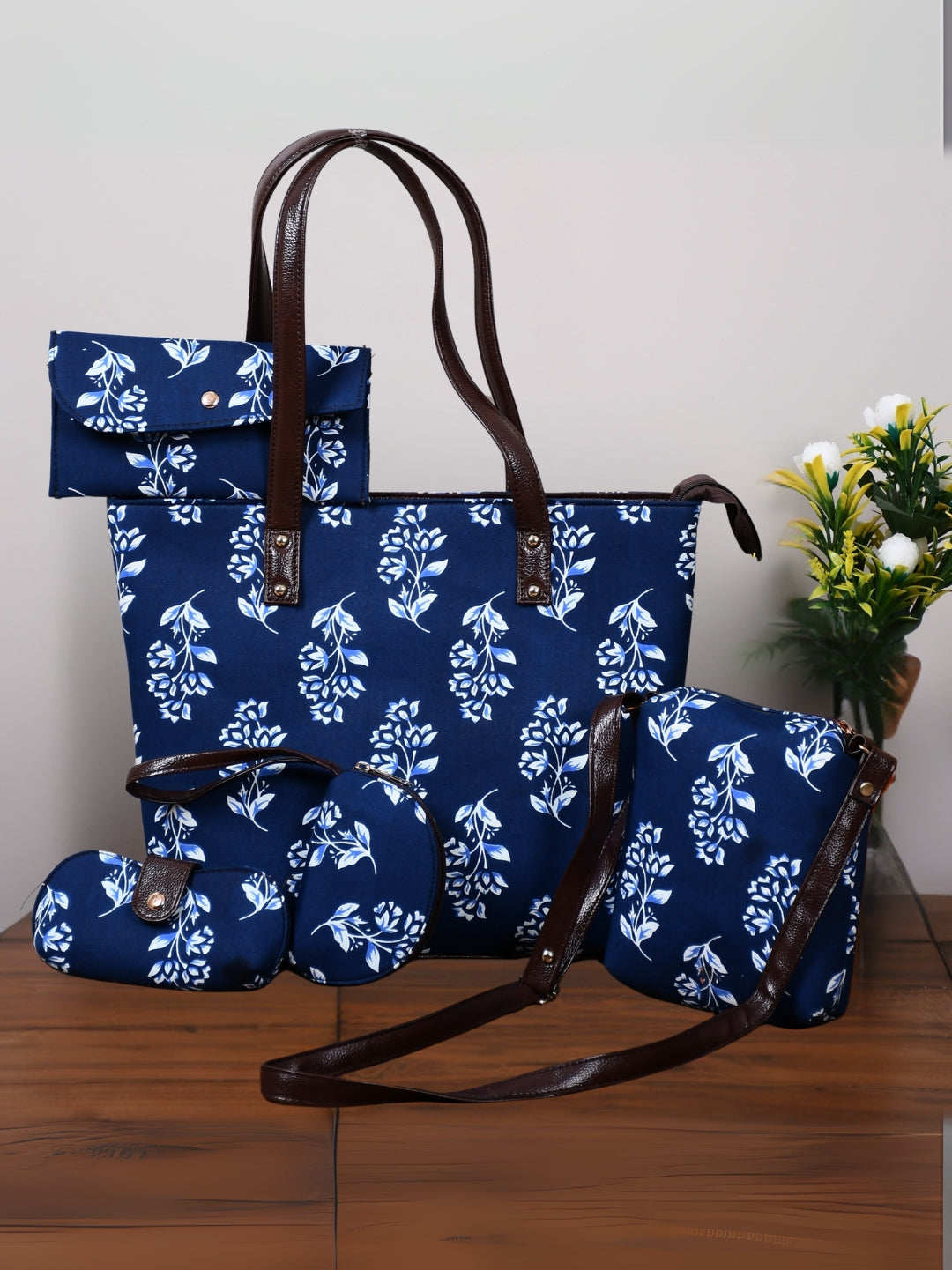 Elegant Indigo Blue Cotton 5-Piece Handbag Combo Set