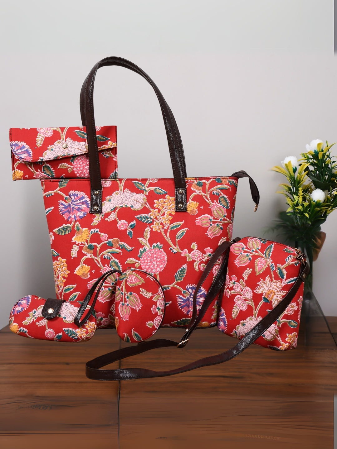Graceful Flower Jaal Cotton 5-Piece Handbag Combo Set