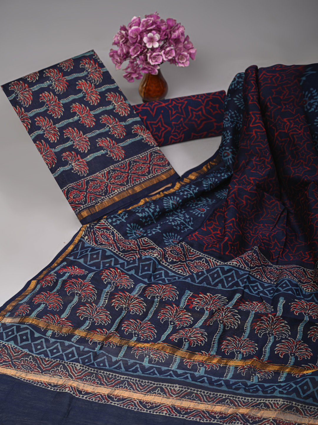 Ajrakh and Bagru hand-block printed Chanderi silk suit