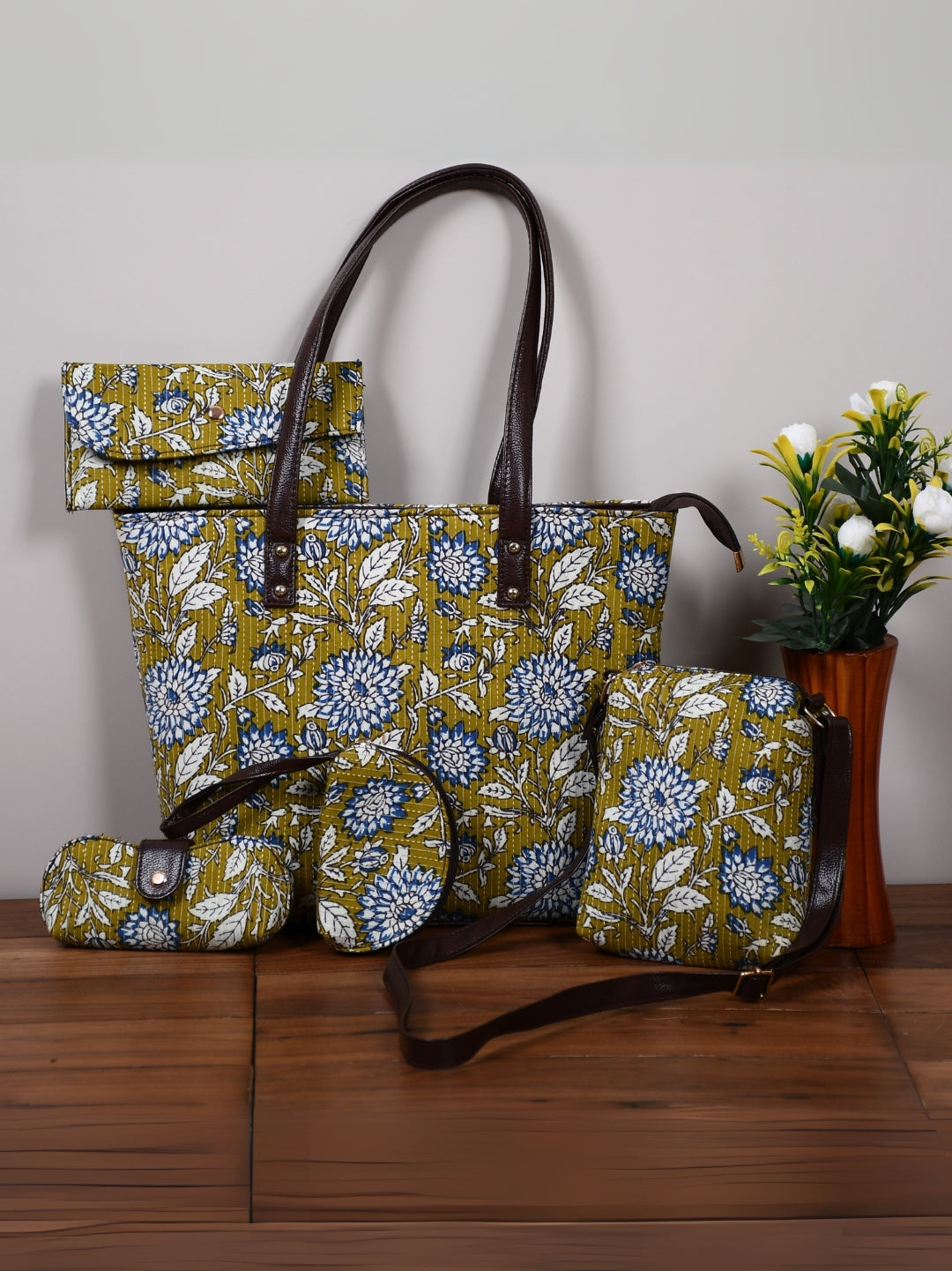 Artisan Kantha Cotton Handblock Printed 5-Piece Fabric Bag Combo Set