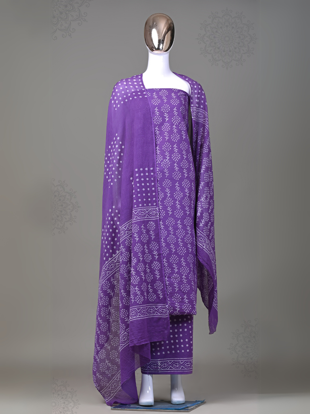 Purple Handblock Bagru Printed Cotton Suit with Mulmul Cotton Dupatta