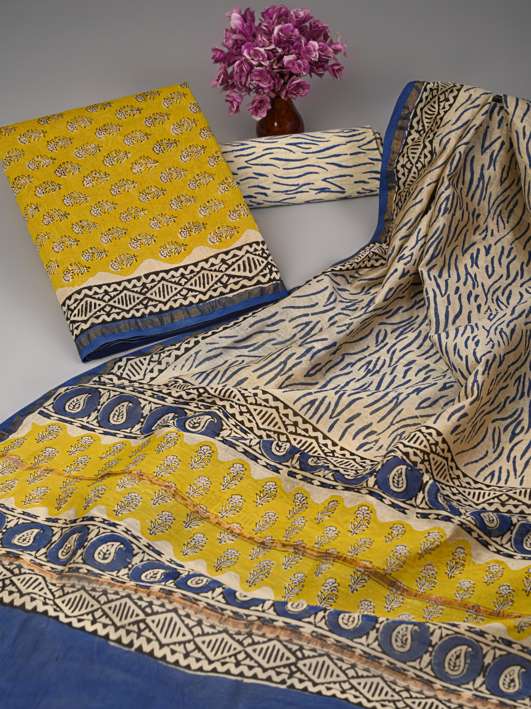 Traditional Butti Handblock Printed Chanderi Silk Suits