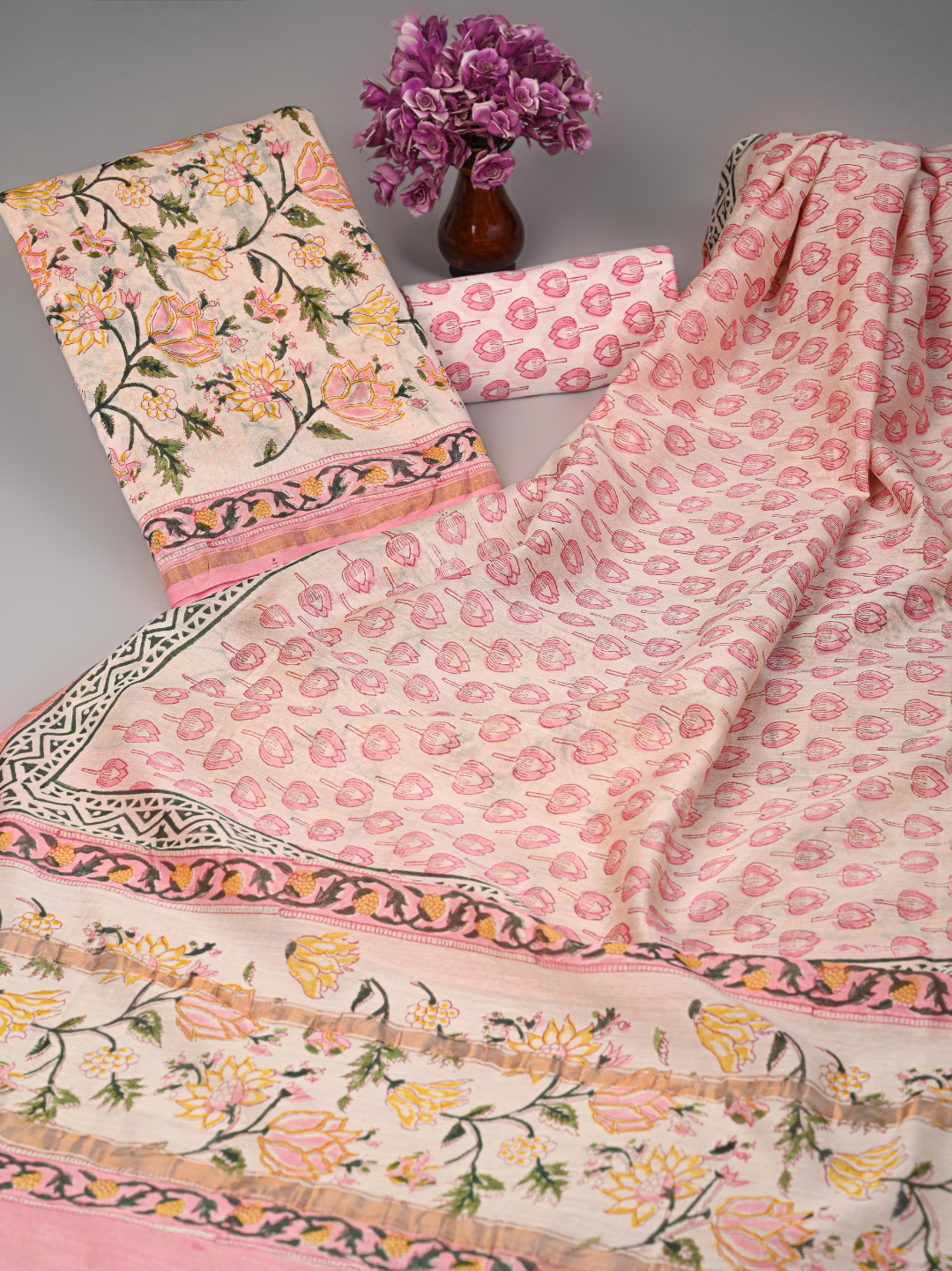 Premium Colorful Jaal Chanderi Silk Handblock Print Suit Set