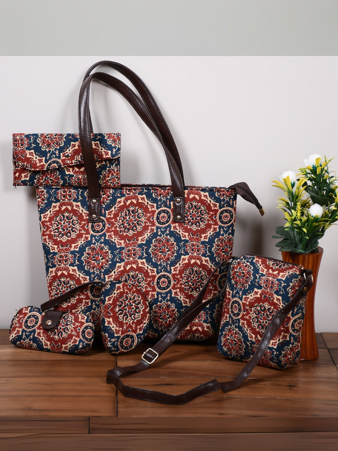 Timeless Ajrakh Print Handblock Cotton 5-Piece Handbag Combo Set