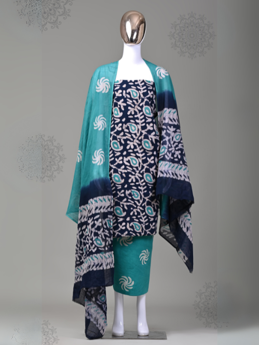 Green and Navy Blue Batik Print Unstitched Cotton Suit with Mulmul Cotton Dupatta