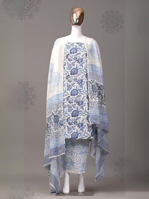 White & Blue Handblock Print Unstitched Cotton Suit with Mulmul Dupatta