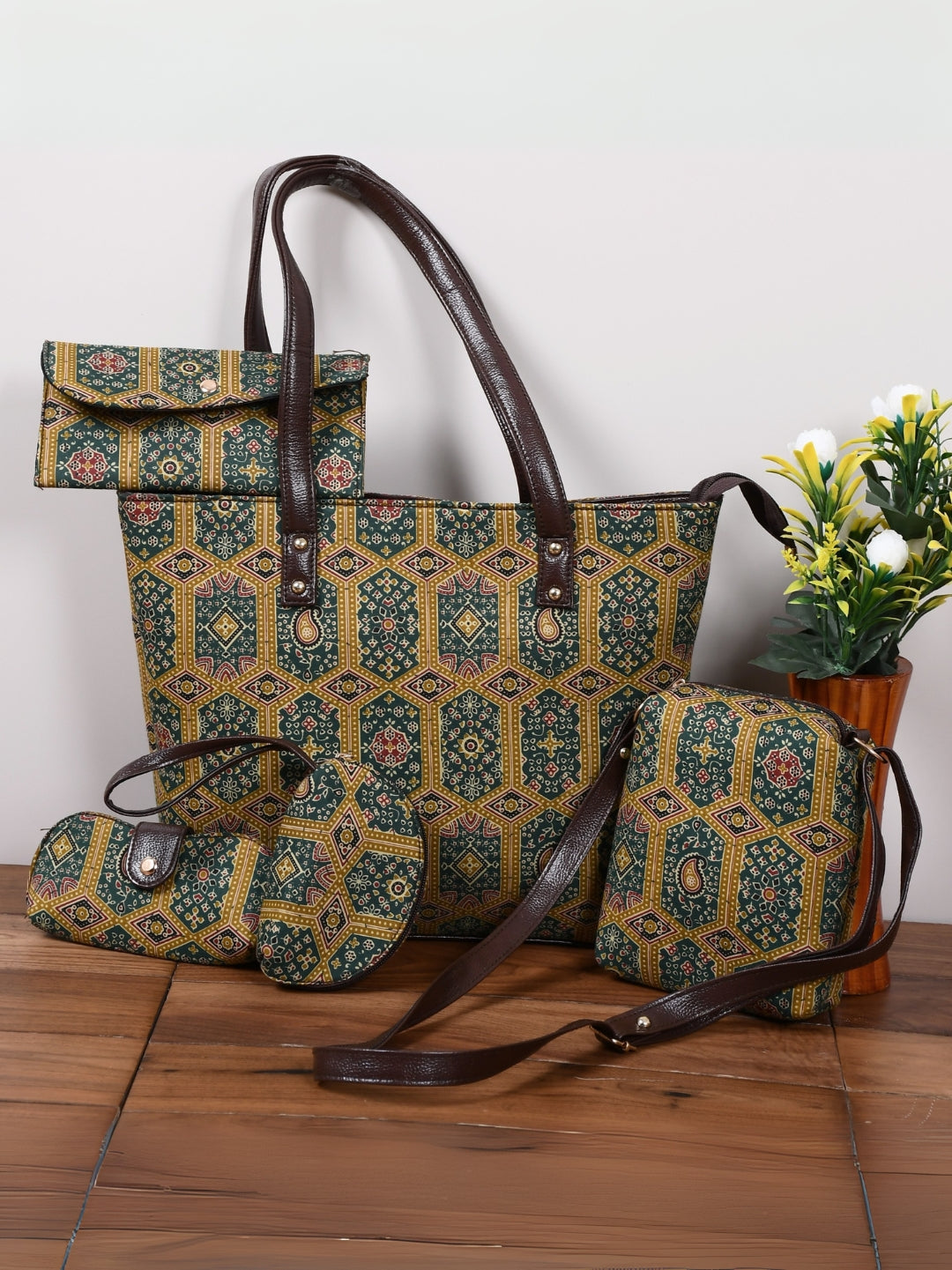 Elegant Ajrakh Print Cotton Handblock 5-Piece Handbag Combo Set