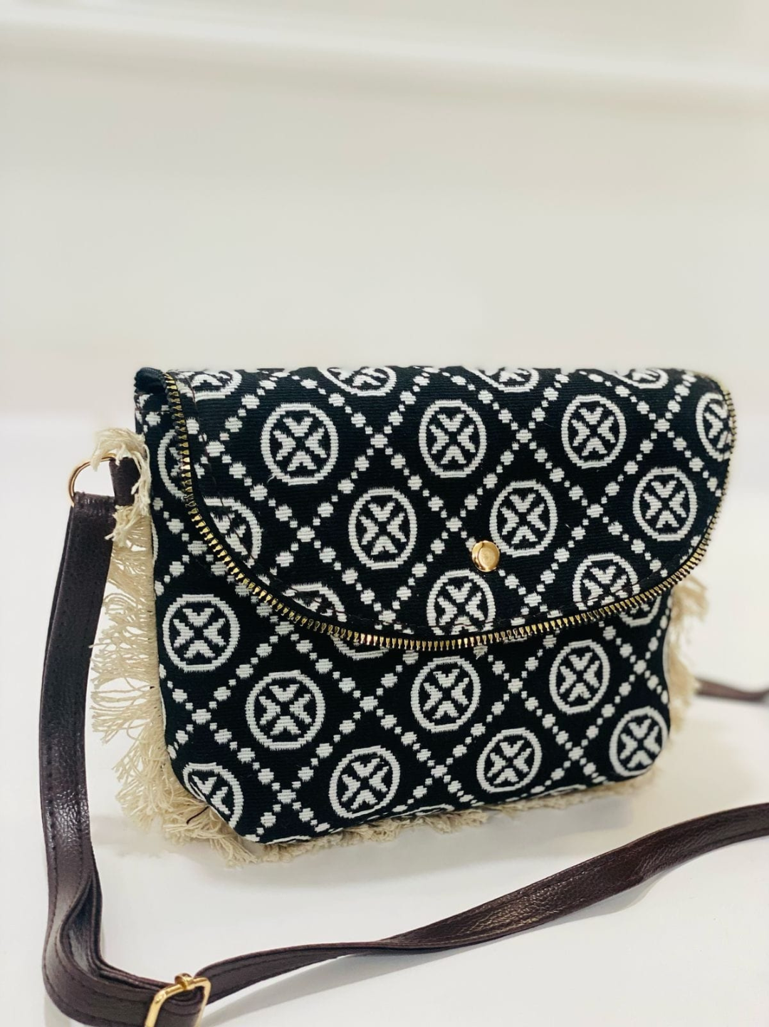 Premium Black Jacquard Fabric Sling Bag