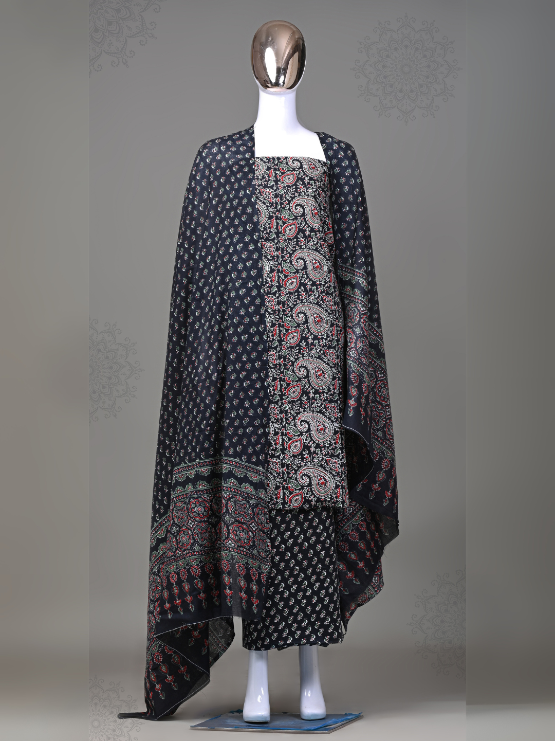 Black Carry Design Bagru Handblock Printed Cotton Suit with Mulmul Dupatta