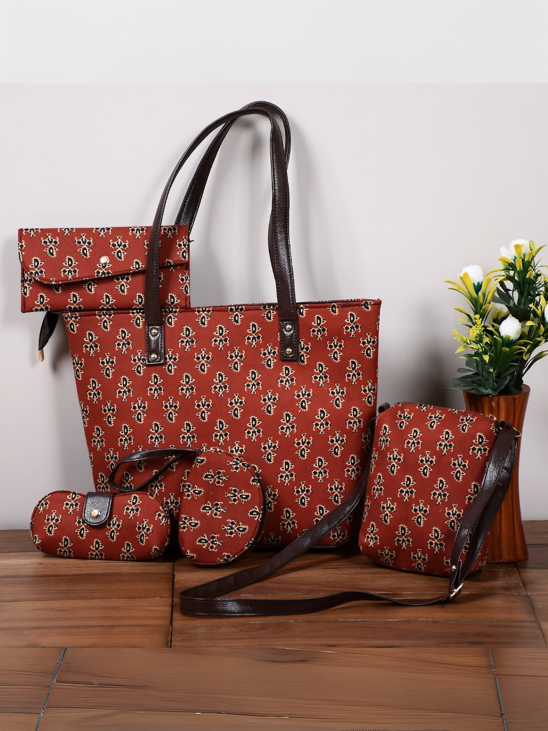 Classic Bagru Handblock Print Cotton 5-Piece Handbag Combo Set