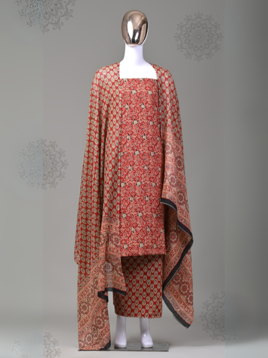 Bagru Handblock Printed Unstitched Cotton Suit with Mulmul Dupatta
