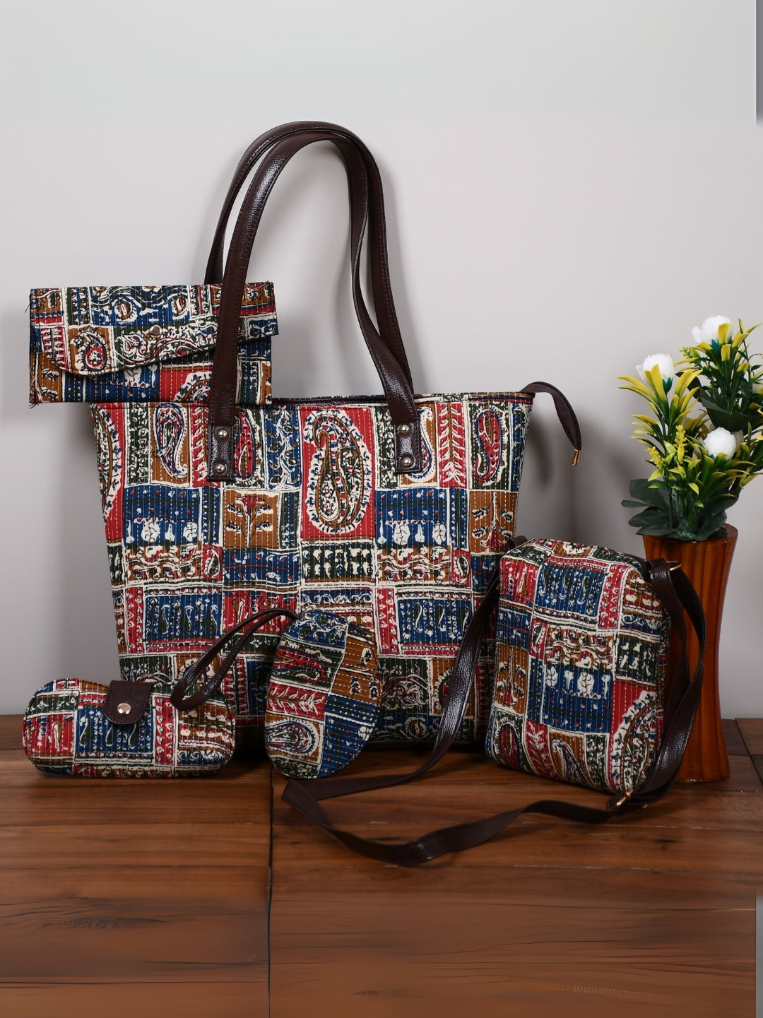 Heritage Bagru Kalamkari Cotton Kantha 5-Piece Handbag Combo Set