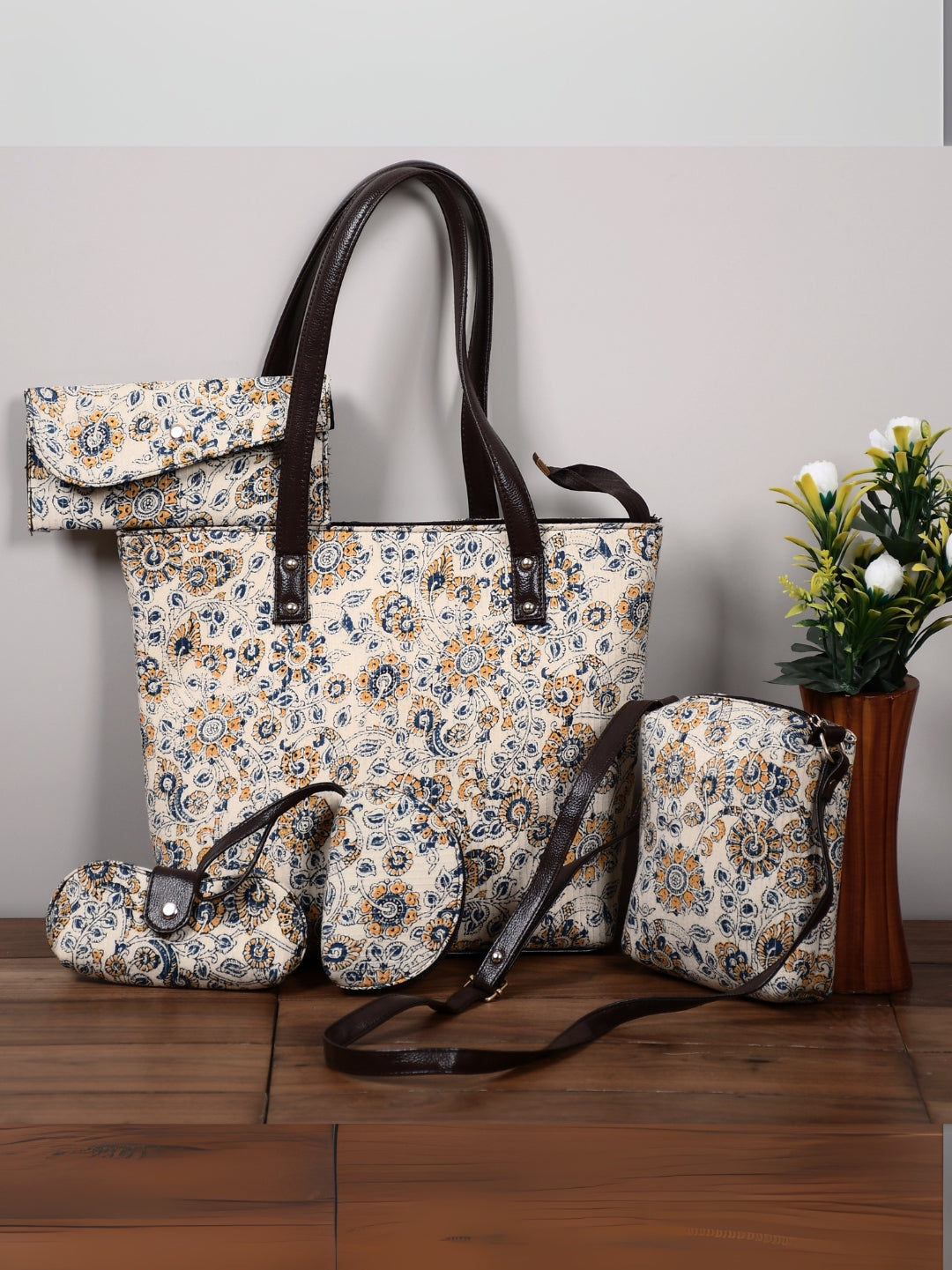 Elegant Bagru Cotton Kantha 5-Piece Handbag Combo Set