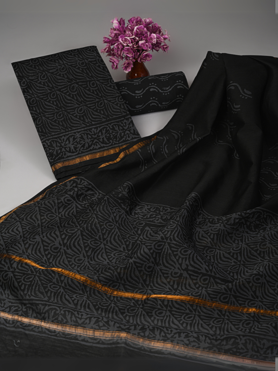 Black Handblock Printed Chanderi Silk Suit