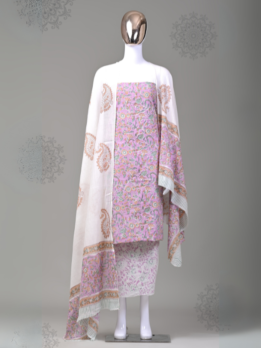 Pastel Color Repetitive Print Handblock Cotton Suit with Mulmul Dupatta