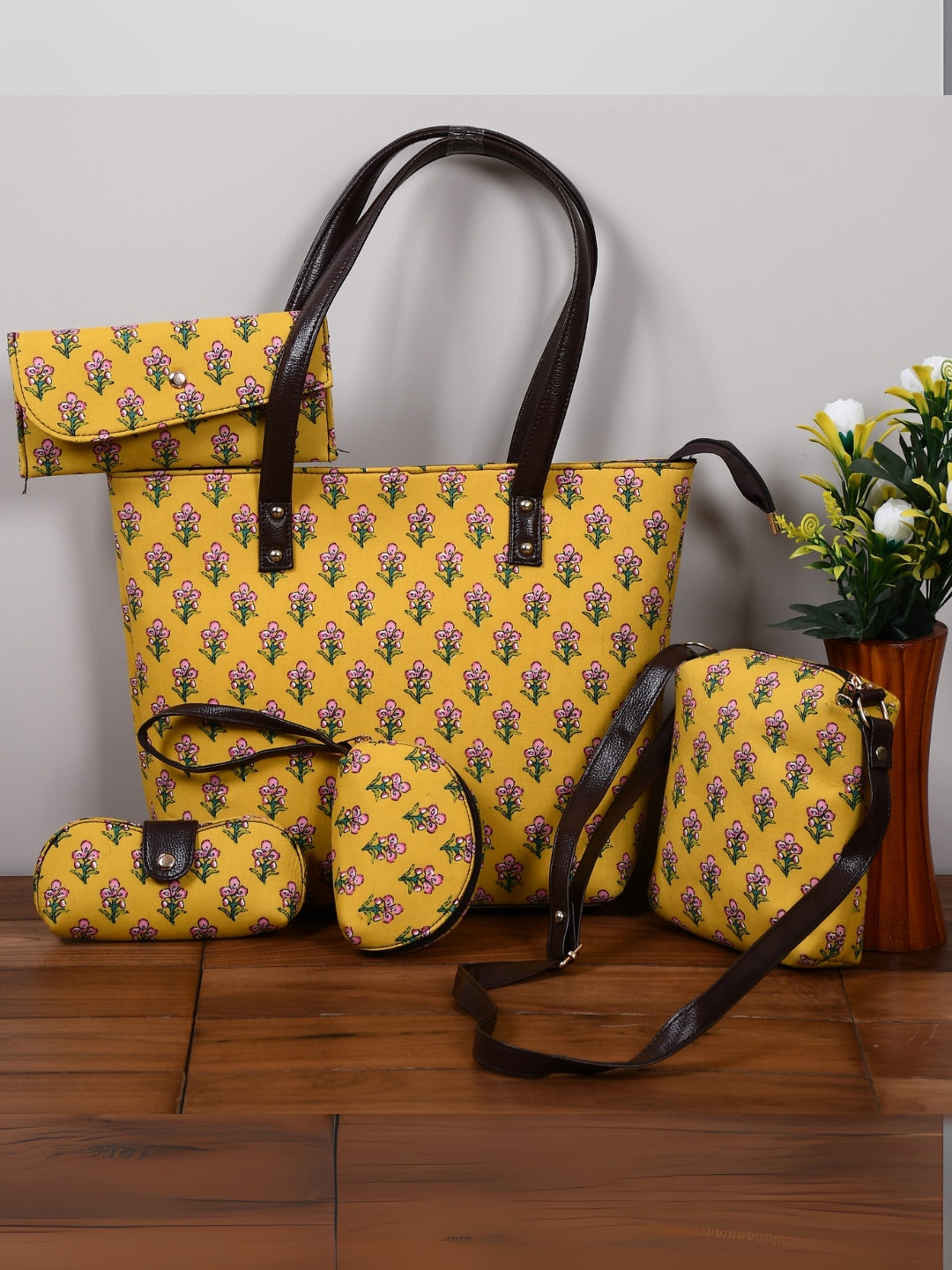 Exclusive Yellow Butti Cotton Handblock 5-Piece Handbag Combo Set