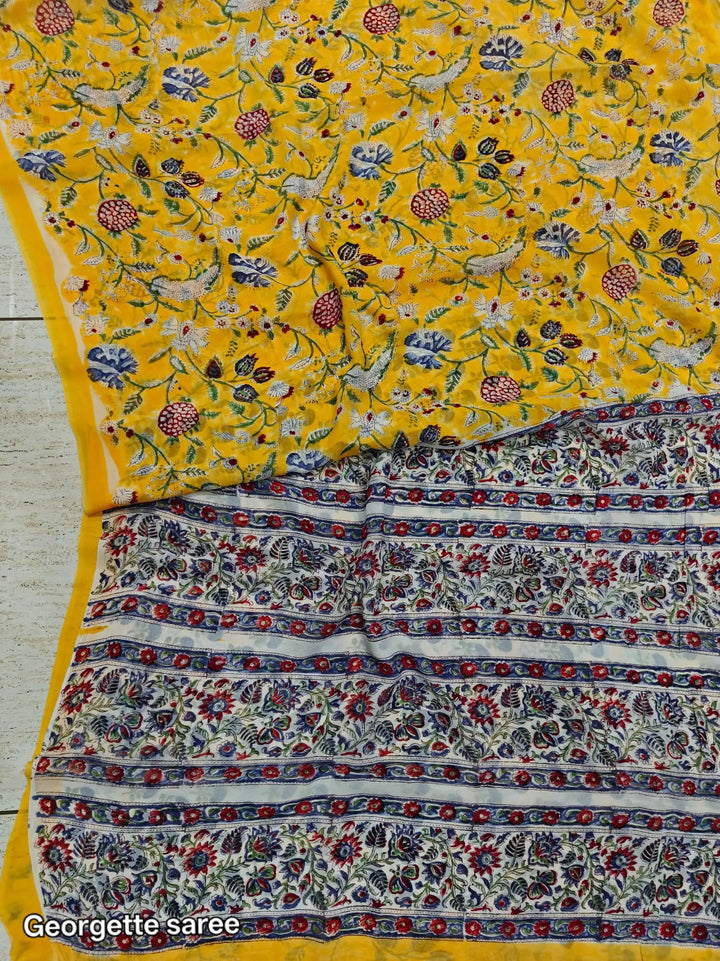 Attractive Yellow Repid Jaal HandBlock Super Georgette saree