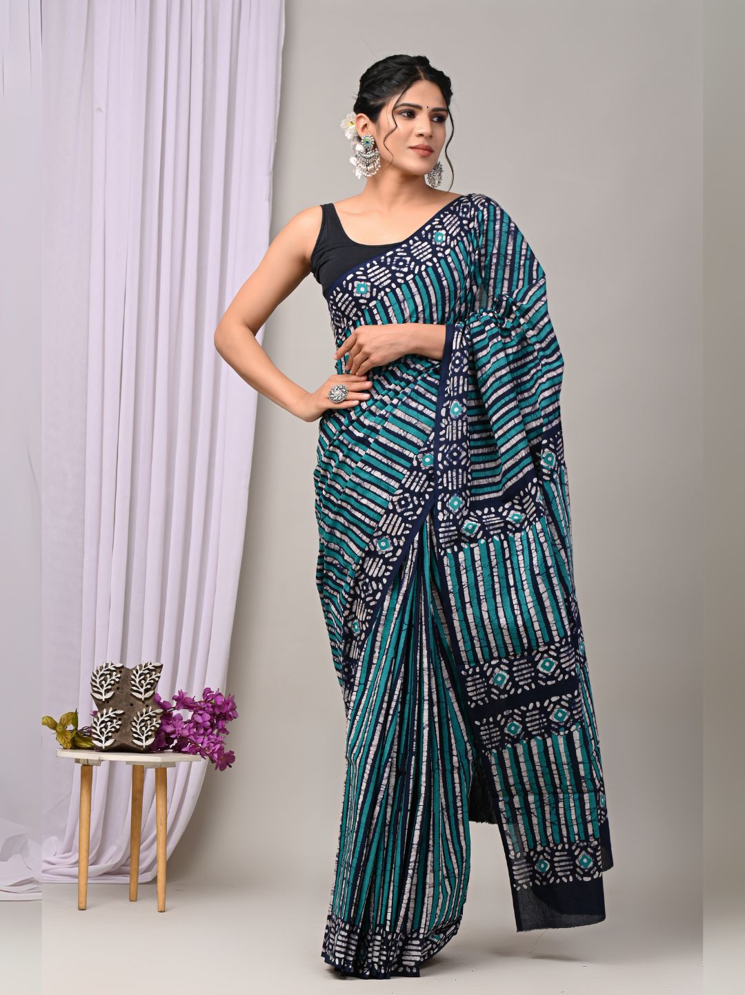 Green & Navy Blue Batik Print Handblock Printed Mulmul Cotton Saree