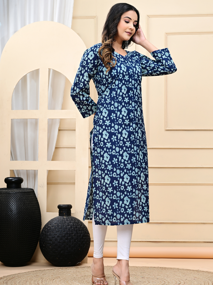 Indigo Blue Pure Cotton Long Kurti – Hand-Block Print