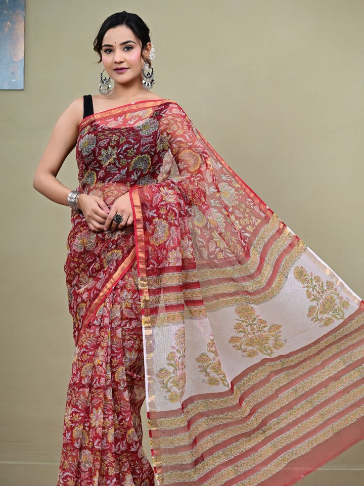 Red Jaal Design HandBlock Pure Kota Doriya Saree