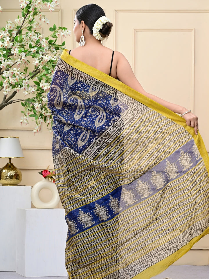 Navy Blue Bagru Print Maheshwari Silk Sarees