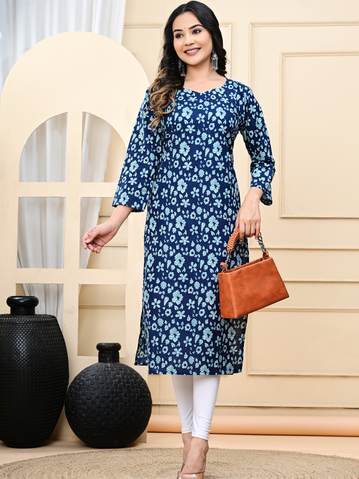 Indigo Blue Pure Cotton Long Kurti – Hand-Block Print