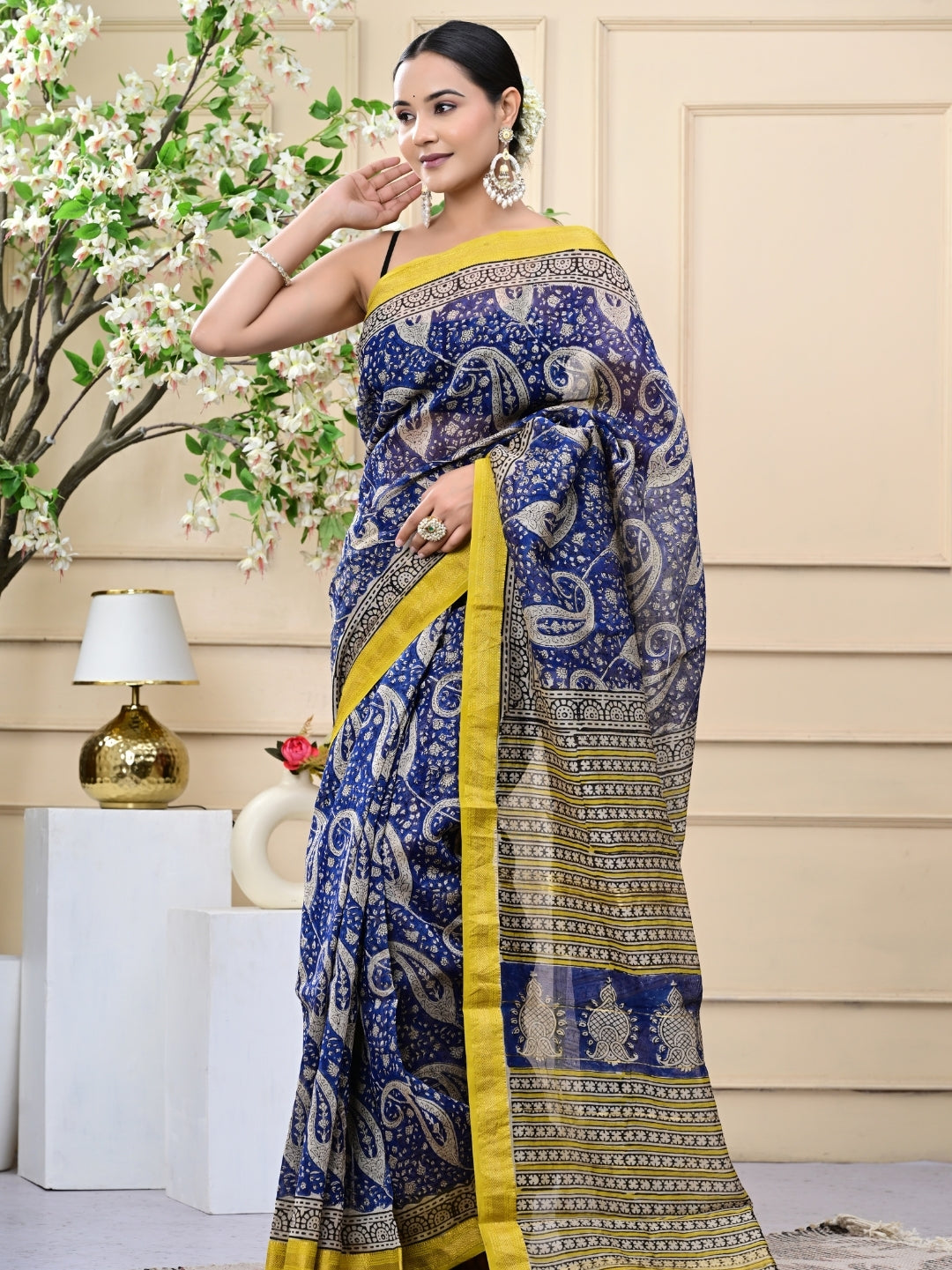 Navy Blue Bagru Print Maheshwari Silk Sarees