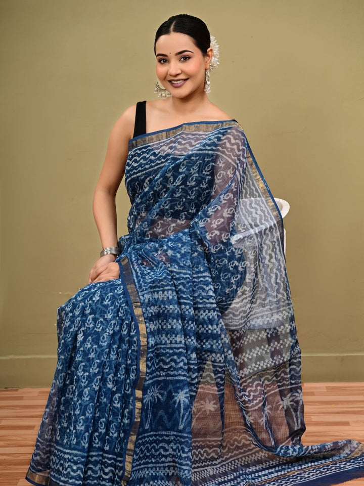 Indigo Blue Butti Design HandBlock Pure Kota Doriya Saree