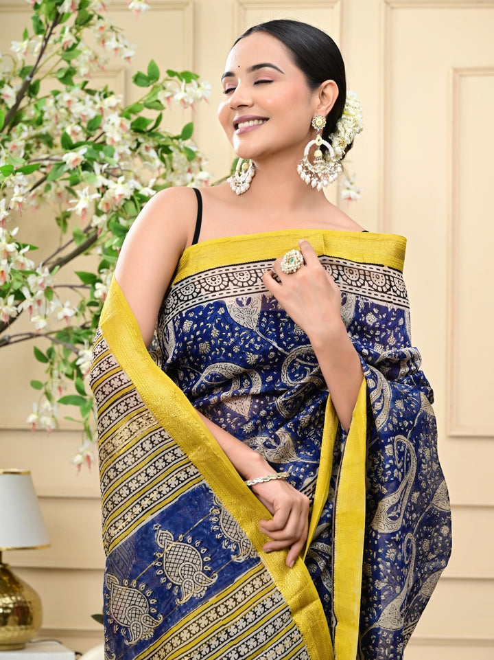 Navy Blue Bagru Print Maheshwari Silk Sarees