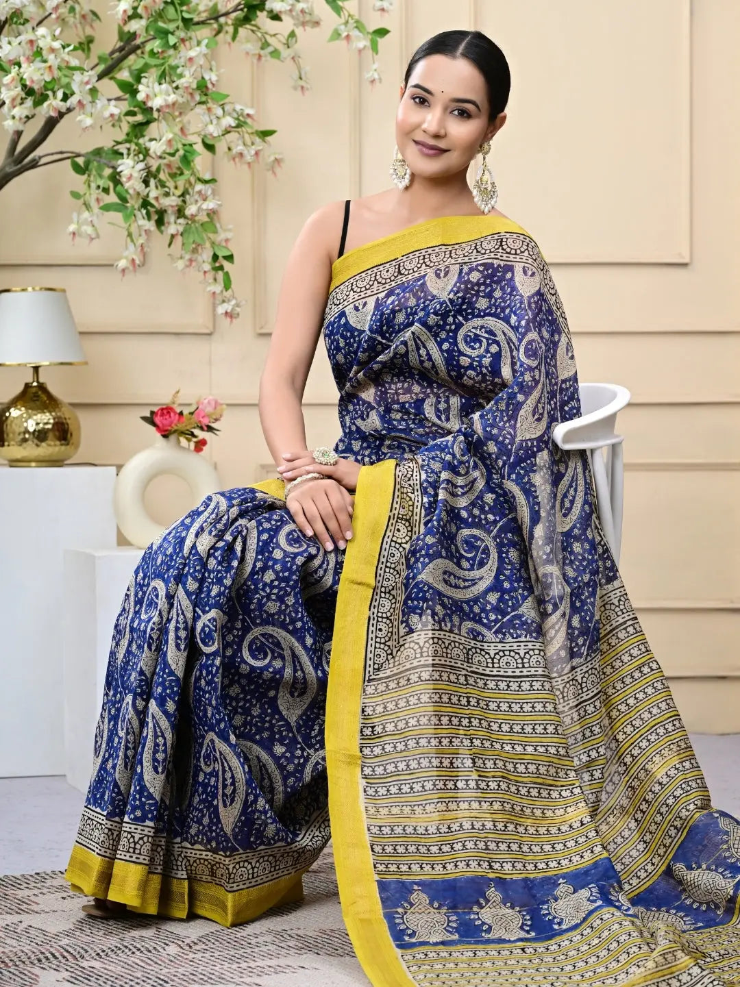 Navy Blue Bagru Print Maheshwari Silk Sarees