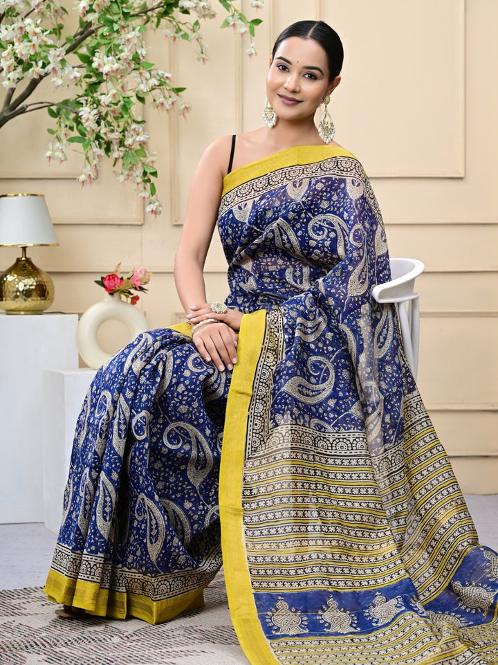 Navy Blue Bagru Print Maheshwari Silk Sarees