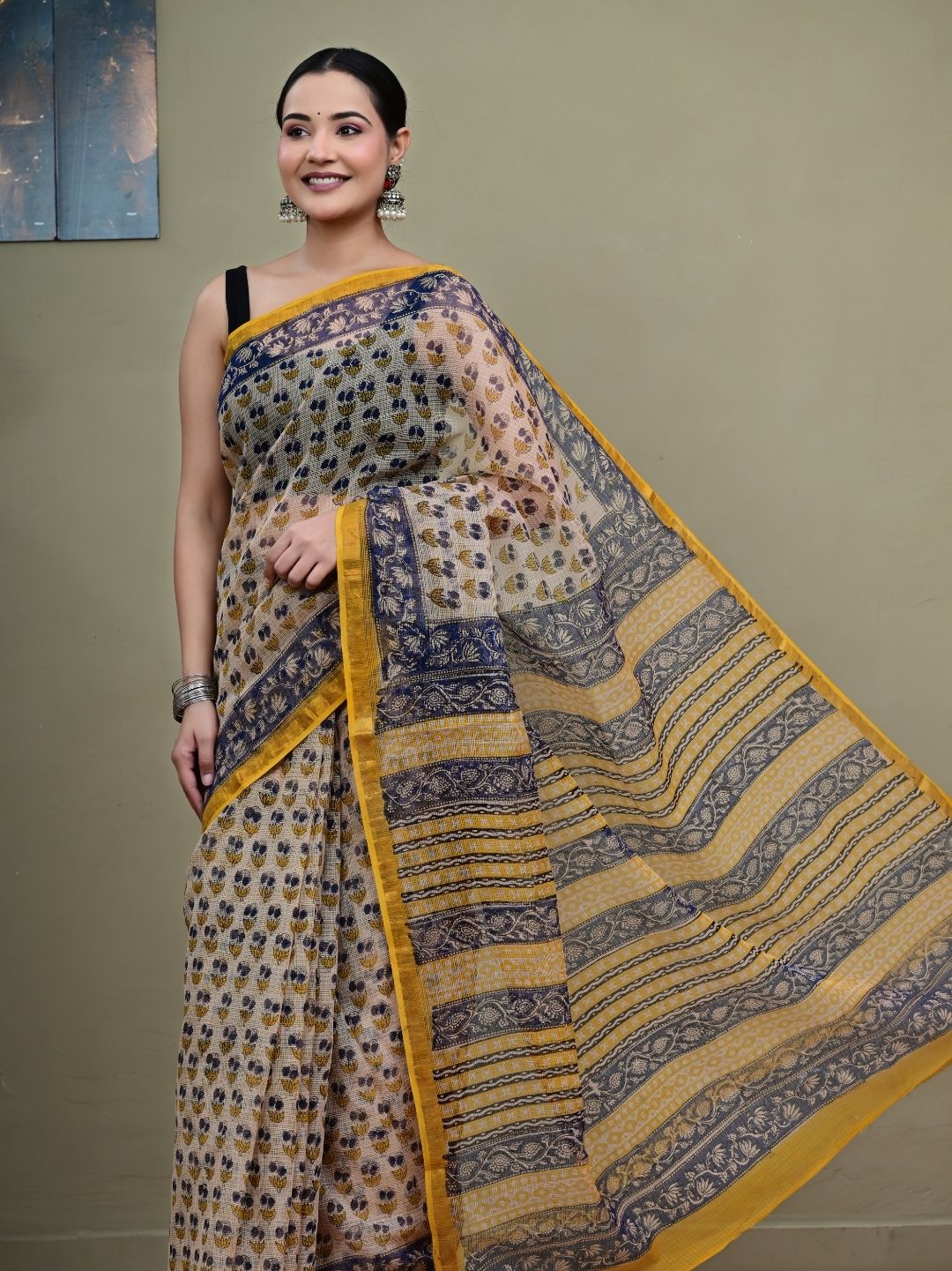Traditional Butti Design Bagru HandBlock Printed Pure Kota Doriya Saree