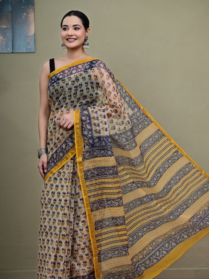 Traditional Butti Design Bagru HandBlock Printed Pure Kota Doriya Saree