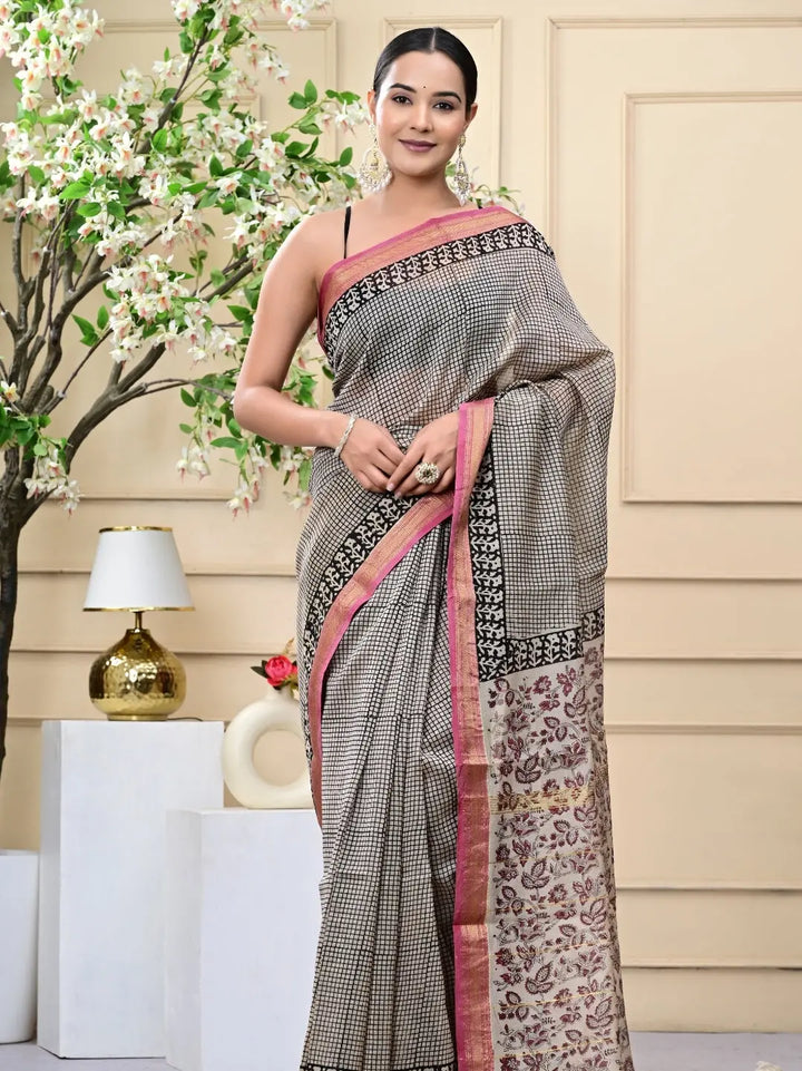 Checkbox Bagru Handblock Printed Maheshwari Silk Sarees