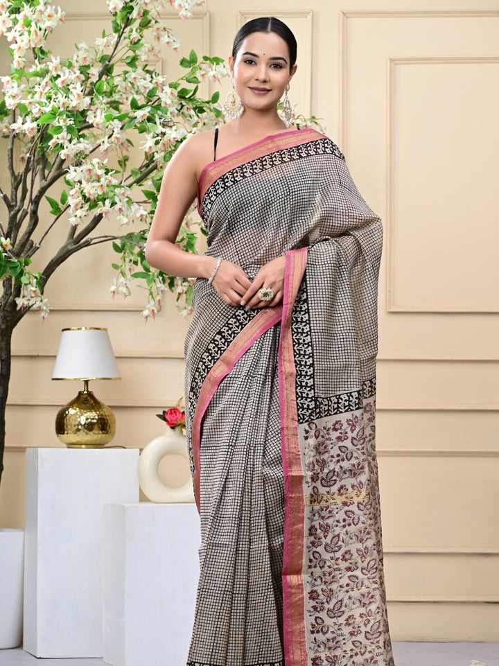 Checkbox Bagru Handblock Printed Maheshwari Silk Sarees