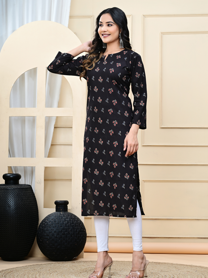 Black Bagru Hand-Block Print Cotton Long Kurti