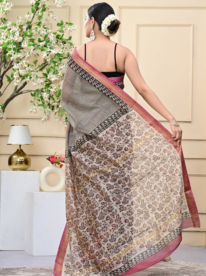 Checkbox Bagru Handblock Printed Maheshwari Silk Sarees