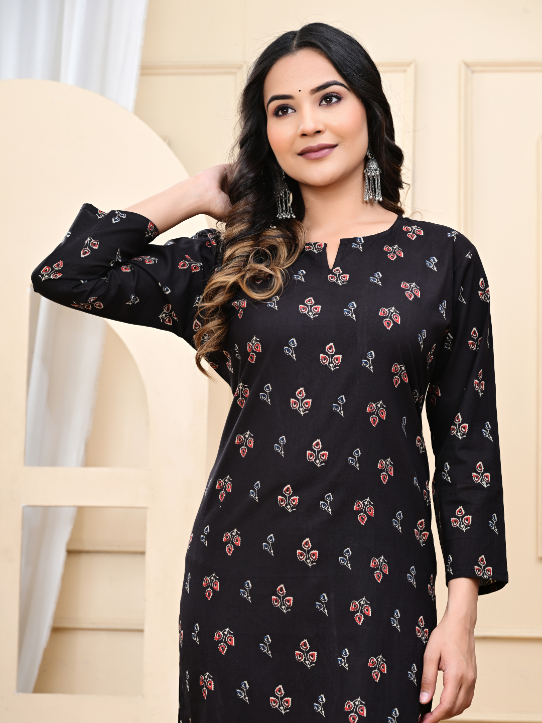 Black Bagru Hand-Block Print Cotton Long Kurti