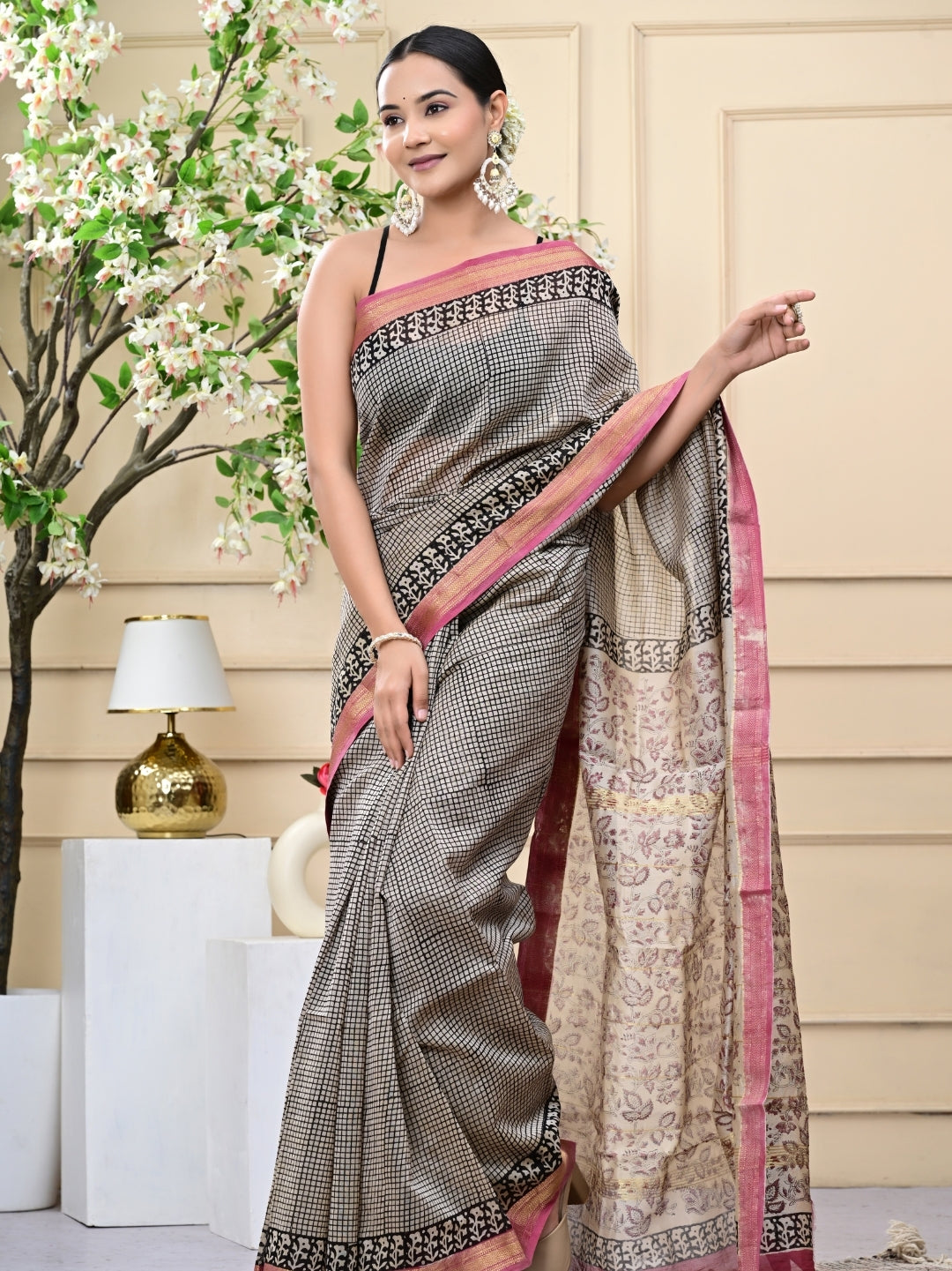 Checkbox Bagru Handblock Printed Maheshwari Silk Sarees