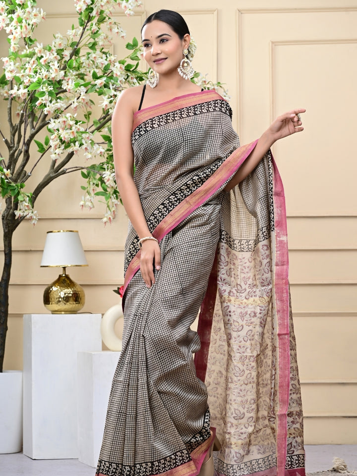Checkbox Bagru Handblock Printed Maheshwari Silk Sarees