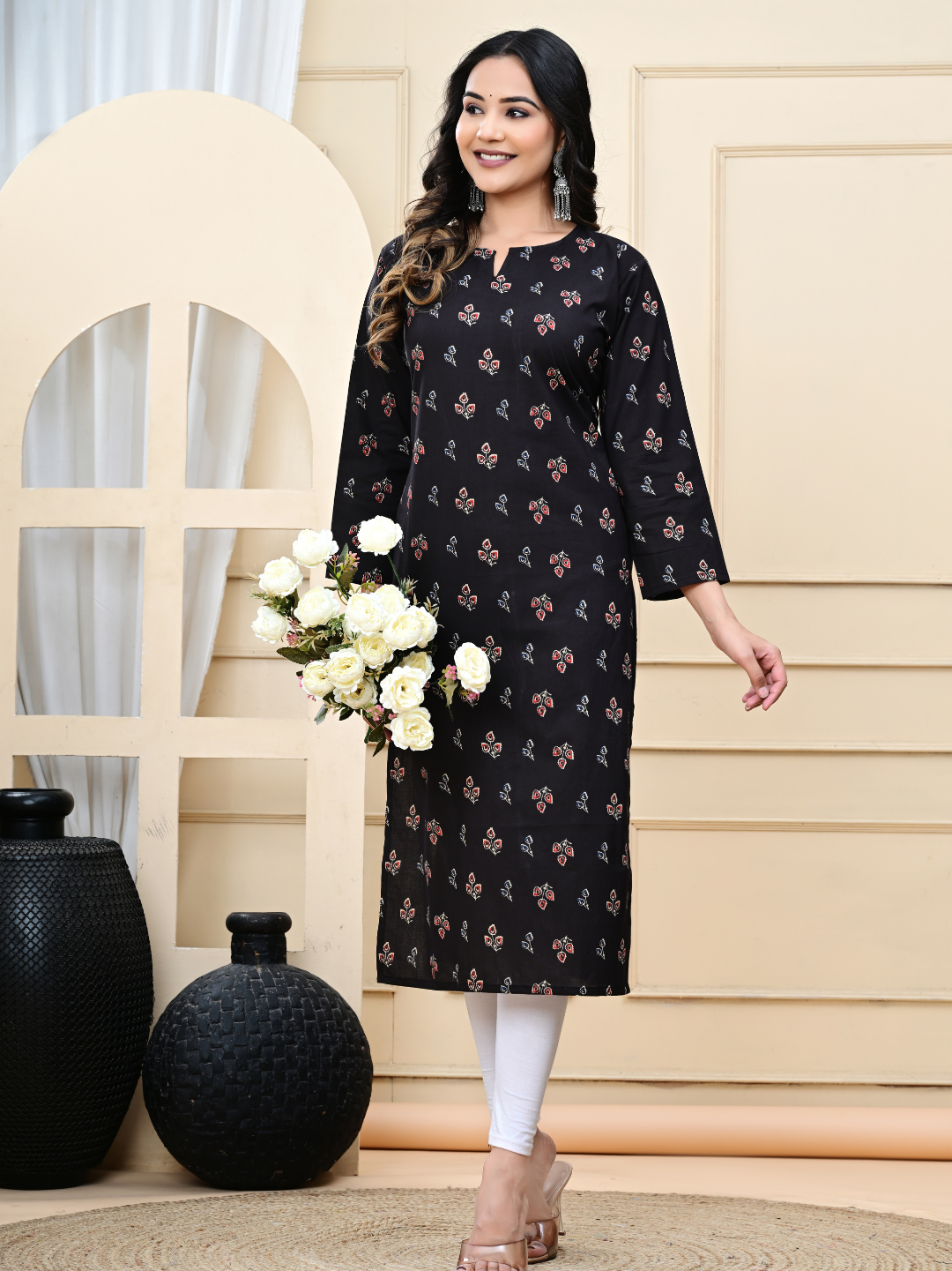 Black Bagru Hand-Block Print Cotton Long Kurti