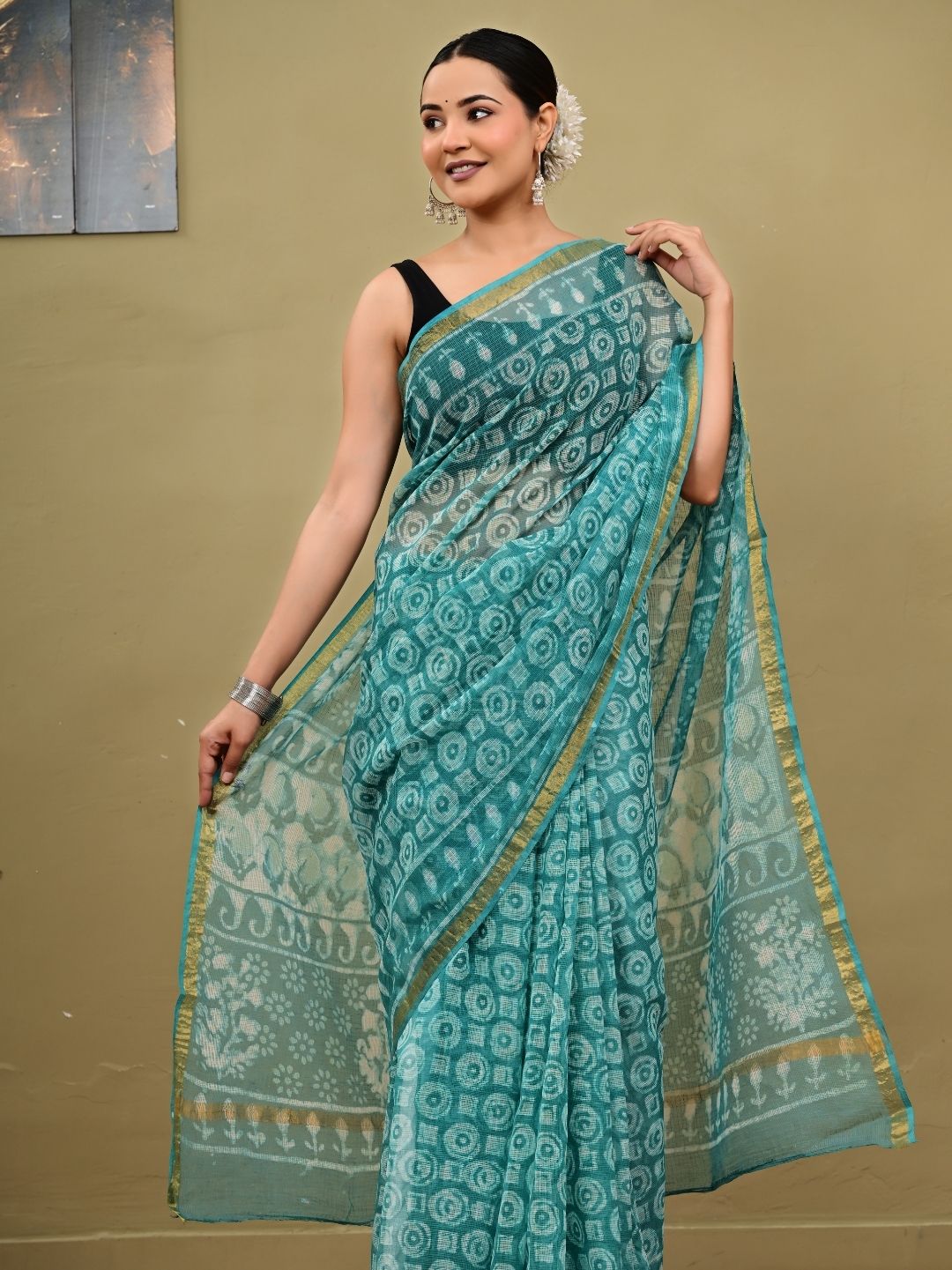 C Green Dabu HandBlock Pure Kota Doriya Saree