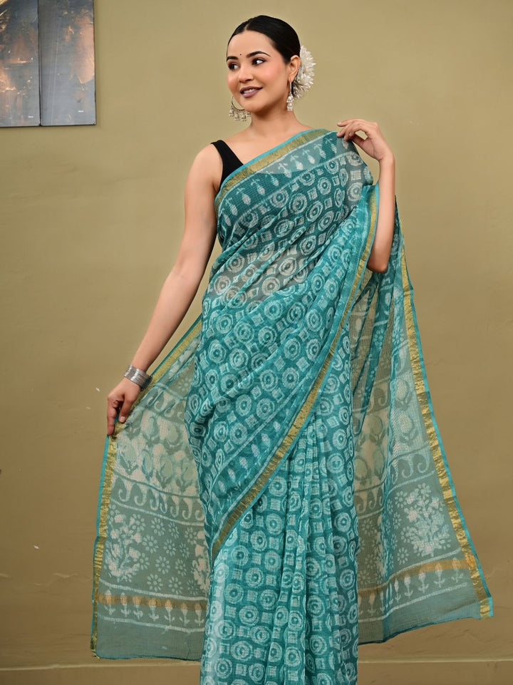 C Green Dabu HandBlock Pure Kota Doriya Saree