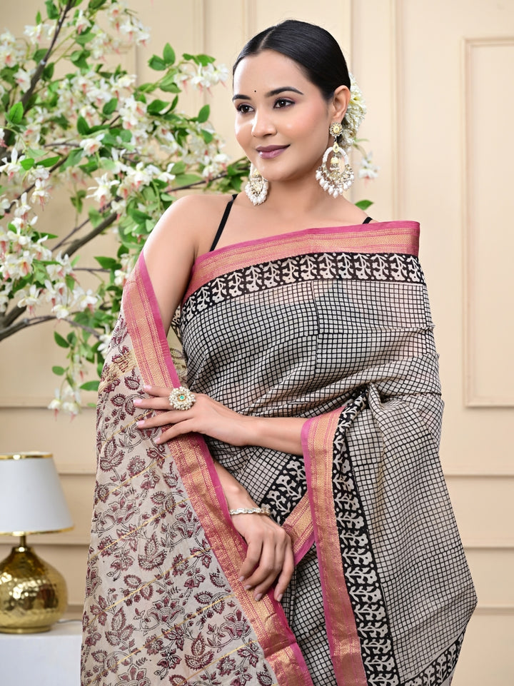 Checkbox Bagru Handblock Printed Maheshwari Silk Sarees