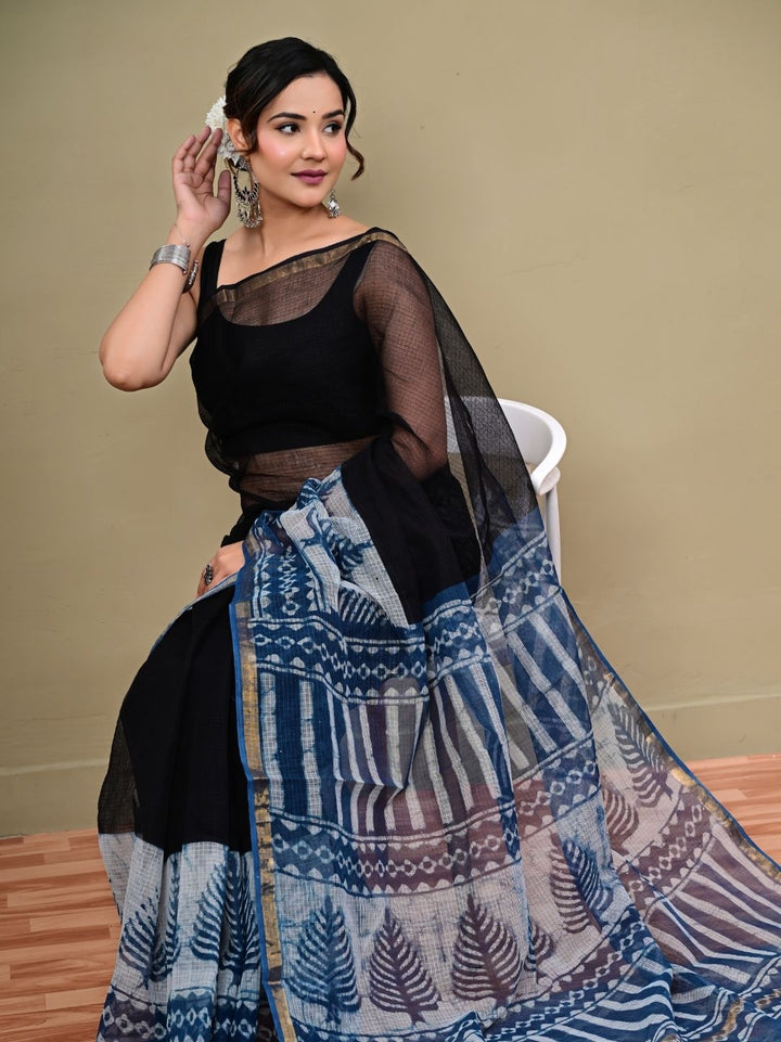 Indigo Blue With Black Putai pattern HandBlock Pure Kota Doriya Saree