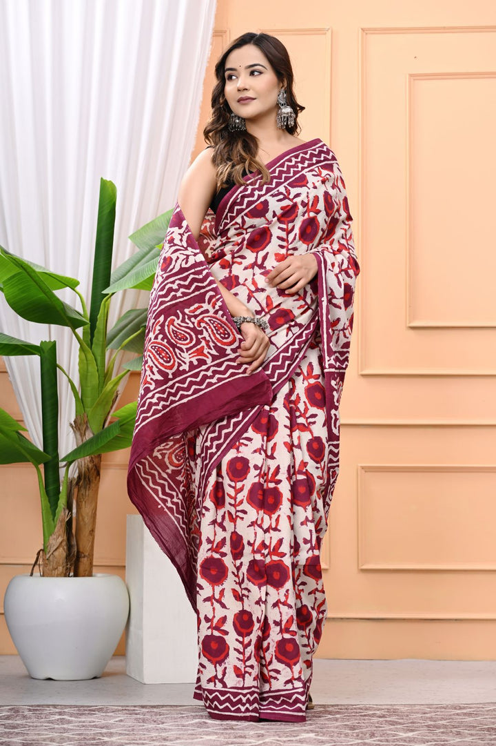 Natural Dabu Hand Block Printed Mulmul Cotton Saree