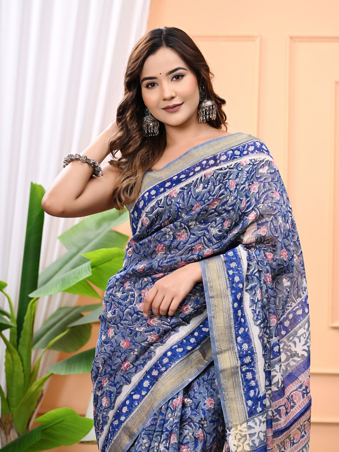 Exclusive Rapid Hand Block Printed Maheshwari Silk Saree
